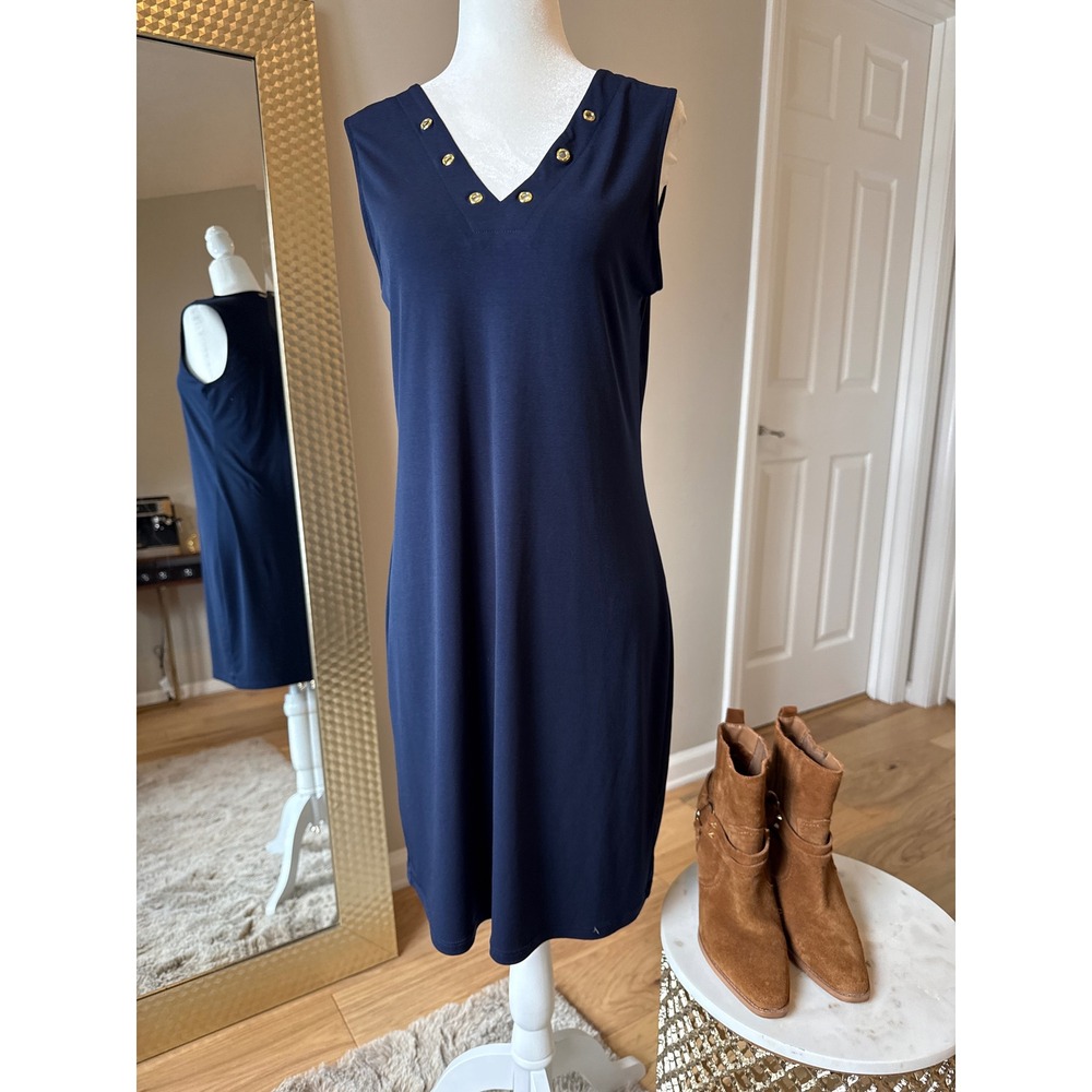 MICHAEL KORS Navy Sleeveless V Neck Grommet Detail Sheath Dress Women's Size S